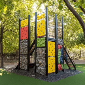 Un parque de escalada para niños es un lugar emocionante. Aquí, los niños pueden escalar estructuras diseñadas solo para ellos. Estas estructuras son seguras y divertidas. Los niños pueden probar su fuerza y habilidades. Escalar ayuda a desarrollar su cuerpo y mente.