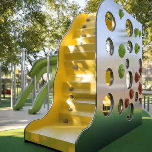 Un rocódromo infantil es un espacio diseñado para que los niños escalen. Tiene paredes con diferentes formas y colores. Estas paredes son seguras y tienen presas para que los niños puedan agarrarse. Los rocódromos están hechos de materiales fuertes, como acero galvanizado y poliéster. Esto les ayuda a durar mucho tiempo.
