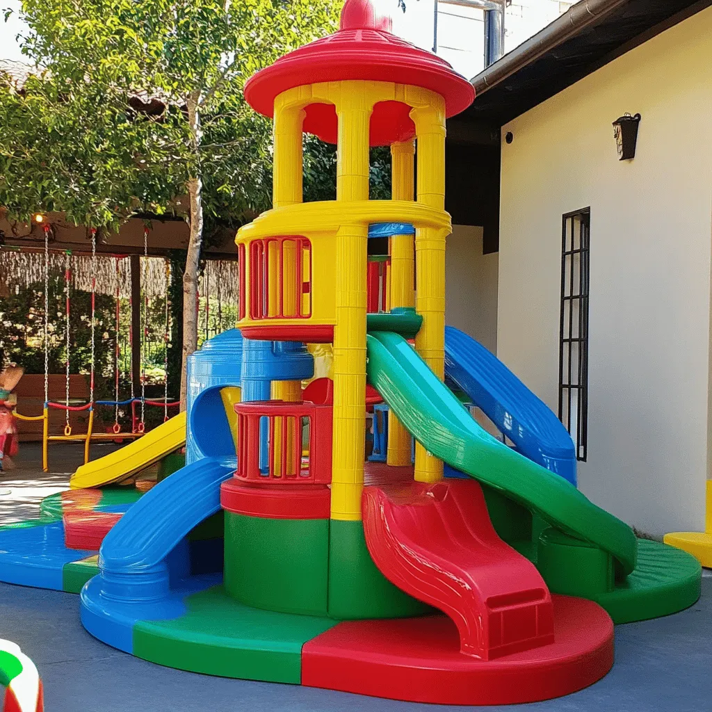 El color en los parques infantiles es muy importante. Los colores vibrantes hacen que los espacios de juego sean alegres. Cuando un niño ve colores brillantes, se siente feliz y emocionado. Esto les ayuda a explorar y jugar más. Los padres también esperan que sus hijos disfruten de estos colores. Los niños que juegan en espacios coloridos suelen sonreír más y se sienten más libres.