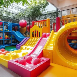Un parque de bolas es un espacio lleno de diversión. Tiene muchas bolas de colores y zonas para saltar. Los niños pueden explorar, jugar y hacer amigos. Este tipo de parque es ideal para niños de 1 a 8 años.