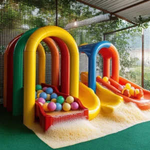 Un parque de bolas infantil es un espacio lleno de diversión. Tiene muchas pelotas de colores para jugar. Los niños pueden saltar, rodar y explorar. Este tipo de parque es seguro y está pensado para que los pequeños se diviertan. Los parques de bolas son ideales para fiestas y días libres.
