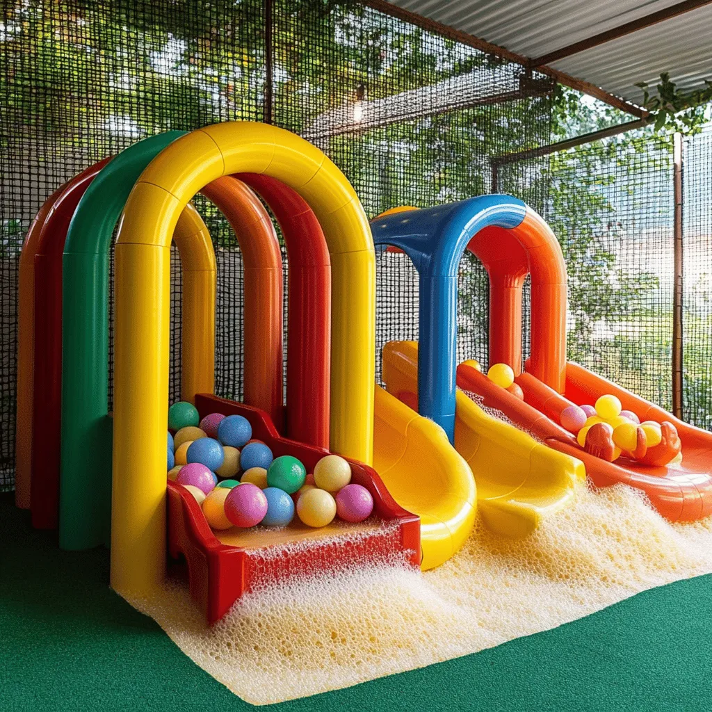 Un parque de bolas infantil es un espacio lleno de diversión. Tiene muchas pelotas de colores para jugar. Los niños pueden saltar, rodar y explorar. Este tipo de parque es seguro y está pensado para que los pequeños se diviertan. Los parques de bolas son ideales para fiestas y días libres.